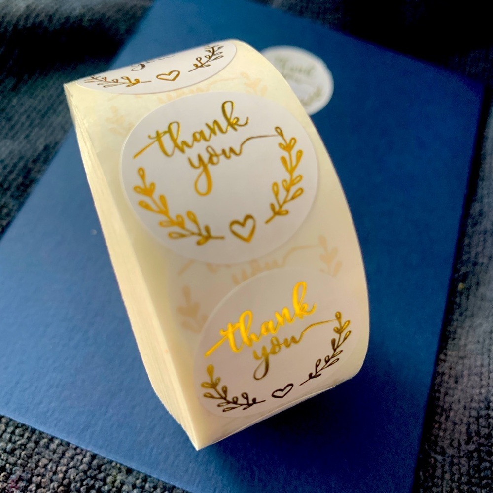 Thank You Sticker Labels 500 labels on roll. 1” Round NWT White & Gold Foil